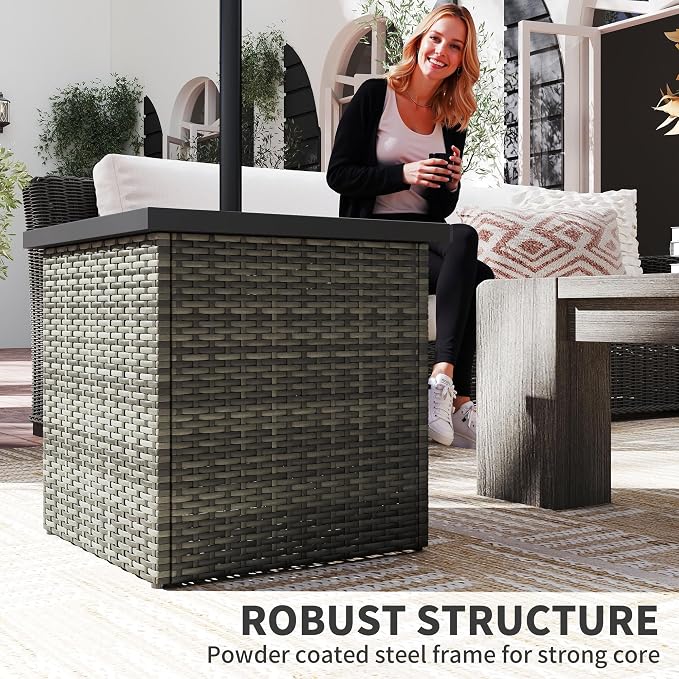 Outsunny All Weather Wicker Side Table with 1.5" Umbrella Hole, Square PE Rattan Outdoor End Table with Umbrella Base, UV-Resistant Frame, Storage Space for Patio, Garden, Poolside, Deck, Mixed-Gray