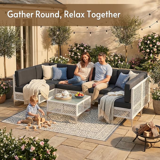 7-Piece Outdoor Sofa with Thick Cushion, Lightweight Patio Sectional with Effortless Assembly, Space-Saving Outdoor Furniture Set & Easy-Clean Open Weave Wicker for Backyard, Garden (Gray)