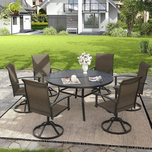 VICLLAX 7 Pieces Patio Outdoor Dining Set, 6 Swivel Textilene Chairs and 53" Round Metal Table with Umbrella Hole for Porch, Deck, Garden, Black/Brown