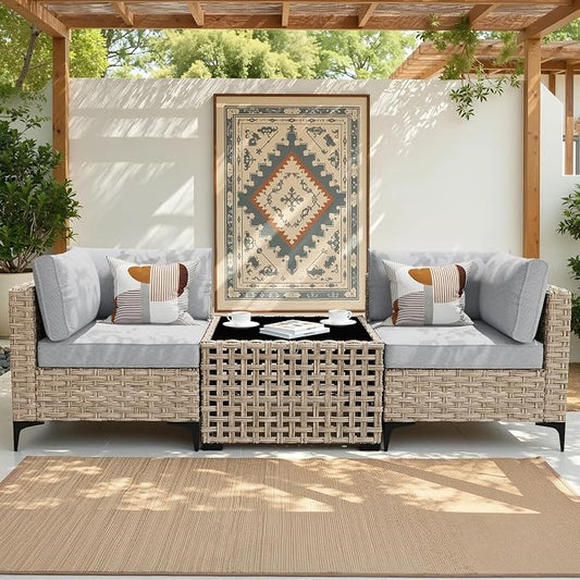 3 Pieces Patio Sectional Furniture Set, Outdoor Wicker Sectional Couch with Solar Lights Table, Modern Conversation Set for Porch Balcony Backyard, Dark Gray