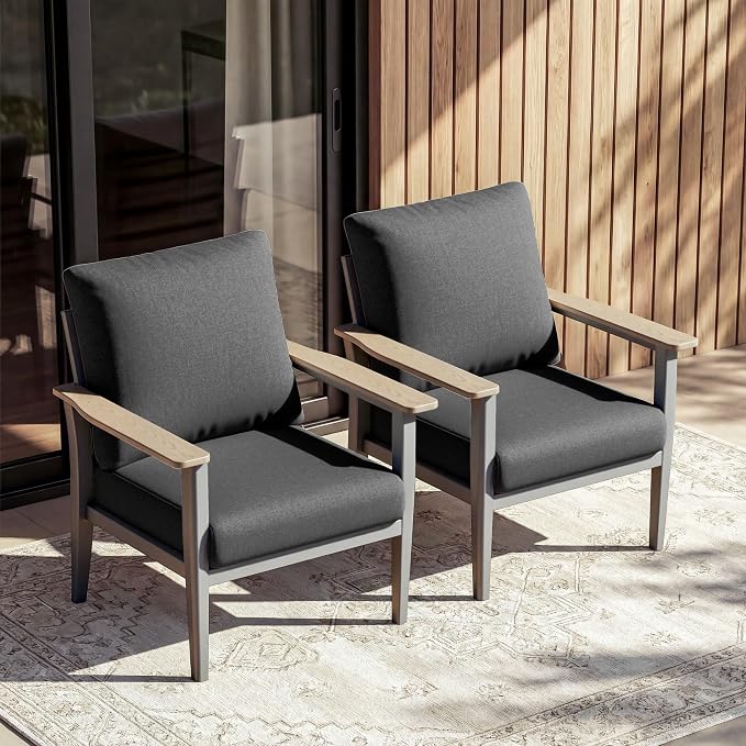 Aluminum Patio Chairs Set of 2, Modern Outdoor Armchairs with Wood-Like Armrests & 5.1" Thick Cushions, Wide Seat Balcony Furniture for Porch, Deck, Black