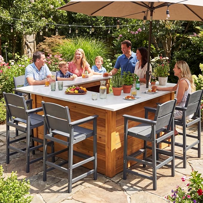 6 Pack Outdoor Bar Stools, HDPE Patio Bar Chairs with Armrests & Footrest, Weather Resistant All-Weather Counter Height Chairs for Outdoor Deck, Backyard, Poolside,Grey