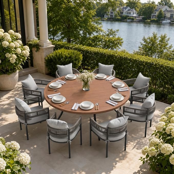 VICLLAX Patio Dining Set, 63" Walnut Table & 6 Chairs with Grey Cushion | Outdoor Table and Chairs Set of Round Metal Patio Table, Outdoor Dining Chairs with Metal Frame, Garden Deck Porch