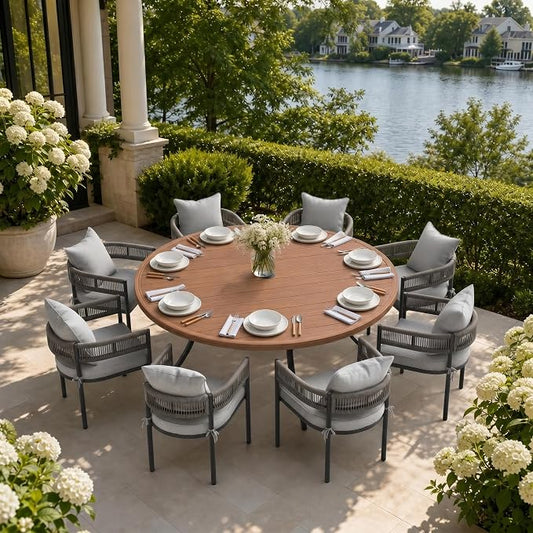 VICLLAX Patio Dining Set, 63" Walnut Table & 6 Chairs with Grey Cushion | Outdoor Table and Chairs Set of Round Metal Patio Table, Outdoor Dining Chairs with Metal Frame, Garden Deck Porch