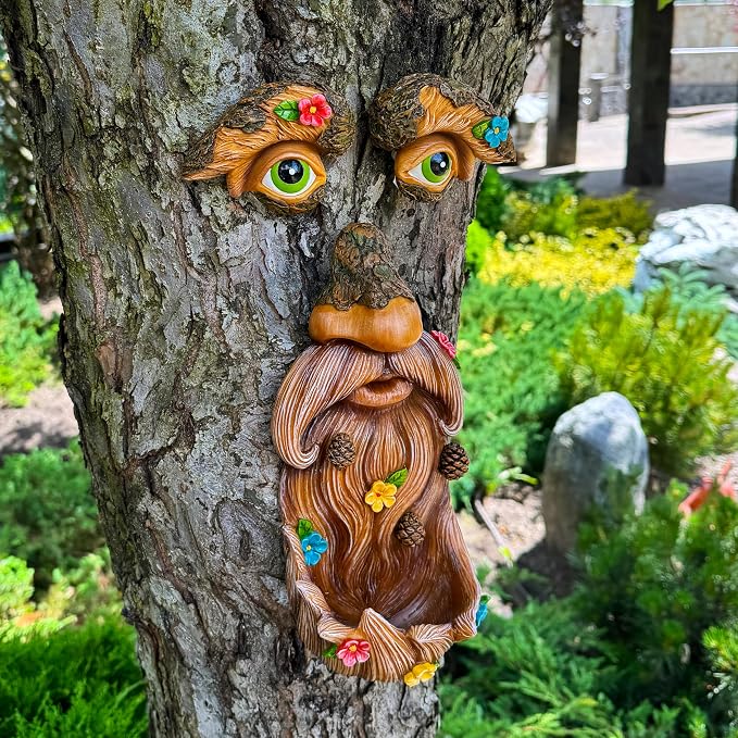 Mood Lab Tree Face Decor with Flowers - Outdoor Old Man Face Decoration - Tree Garden Hugger - Yard Art Statue