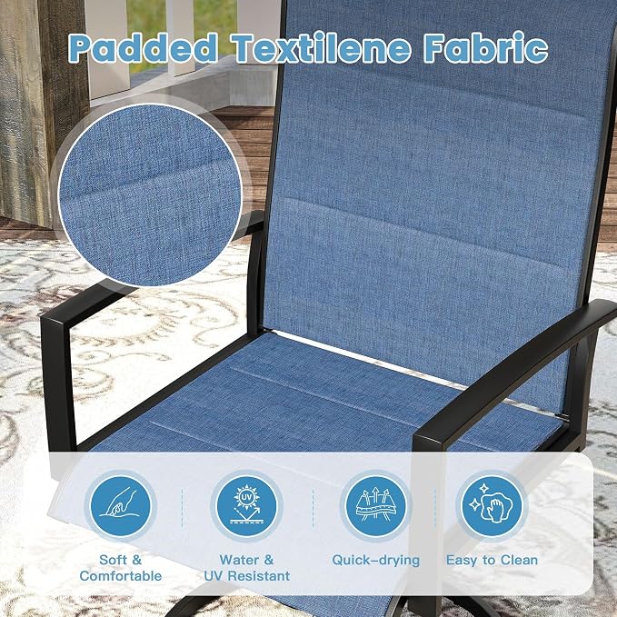 DIFY 7 Piece Outdoor Dining Set, Metal Patio Table and Chairs Set, 53.1" Black Round Dining Table & 6 Blue Padded Textilene Swivel Patio Chairs, Outdoor Furniture Set for Garden Backyard Porch