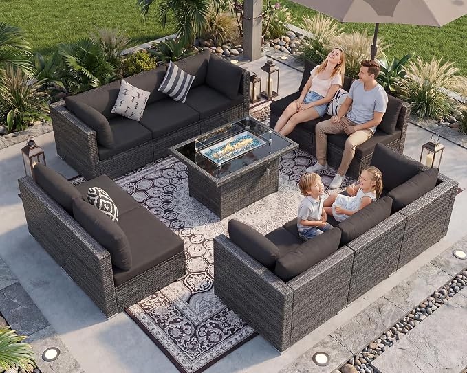 BULEXYARD 11 Piece High Back Outdoor Patio Set with Firepit, Extra Large Backyard Furniture Sectional Couch 10-Seater Modular, XL Big Wide Deep Outside Seating Area for Exterior, Dark Grey