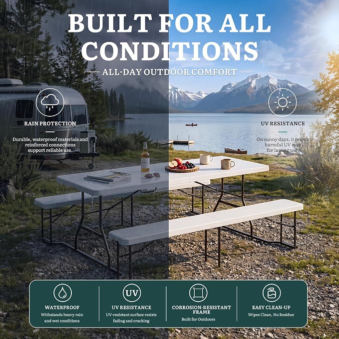 YITAHOME 6ft Folding Picnic Table with Benches, Heavy Duty Iron Frame & HDPE Plastic Table Set, Portable Outdoor Folding Table with Center Lock for Backyard, Park, Camping, Beach, White