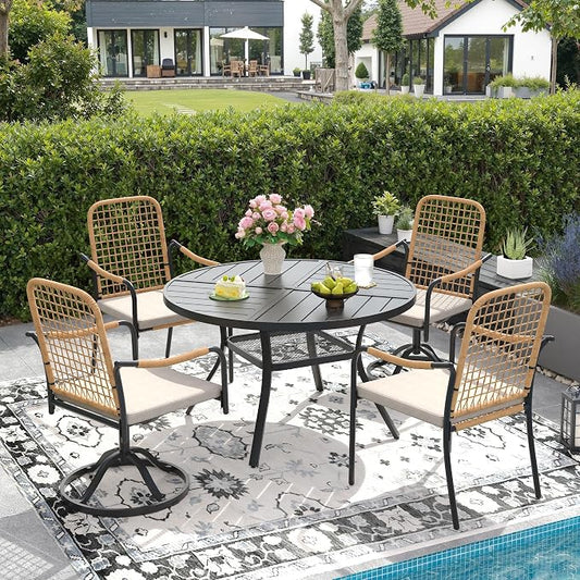 DIFY 5 Pieces Outdoor Dining Set for 4, 40.6" Black Round Metal Table with 2 Stackable Wicker Patio Chairs & 2 Swivel Chairs, Patio Furniture Set with Cushions and Umbrella Hole, Wheat Rattan