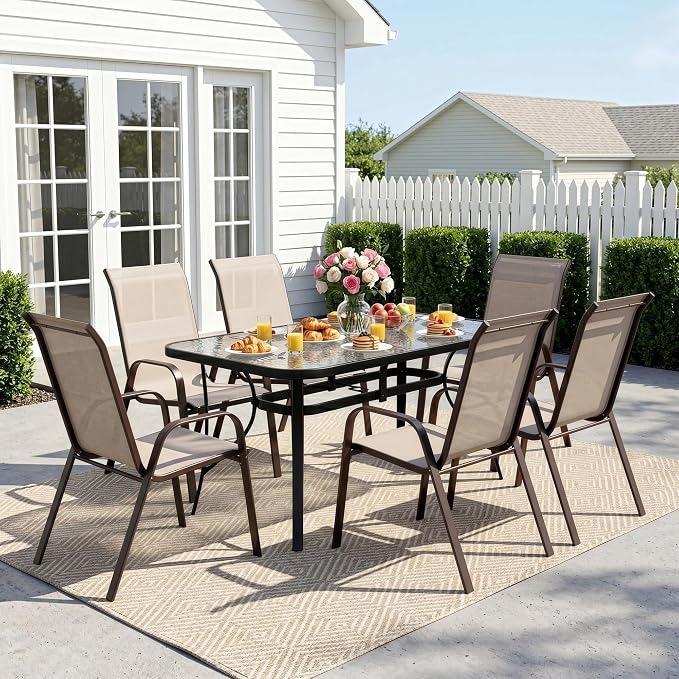 MAMIZO 7 Pieces Patio Dining Set for 6, Outdoor Table and Chairs w/Rectangle Glass Table and 6 Textilene Stackable Chairs, Patio Furniture Set w/1.69" Umbrella Hole (Black Table & Brown Chair)