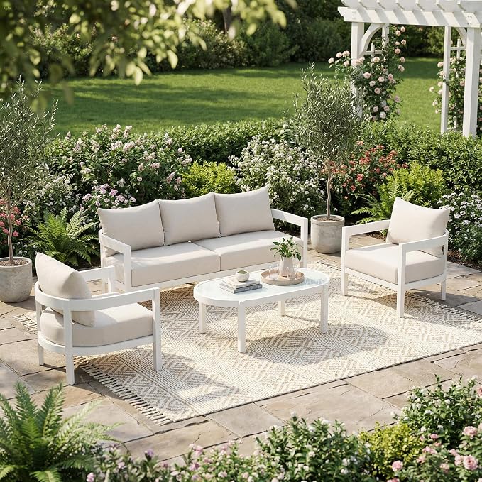 Christopher Knight Home Lula 5-Seater Patio Furniture Set with Coffee Table, 4 Piece Outdoor Conversation Set with Cushion, Aluminum Outdoor Sectional Sofa Set, White+Beige