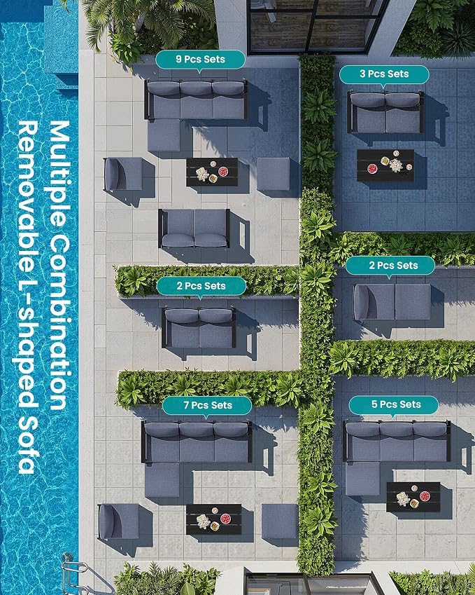 SERWALL 2 Pieces Patio Sofa, All-Weather HDPE Outdoor Conversation Set with Removable Cushions and Ottoman, Modular Design Converts to Chaise Lounge for Porch, Poolside, Black Frame with Grey Cushion