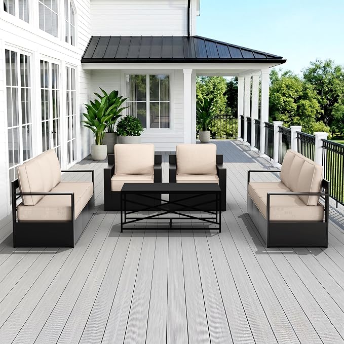 Outdoor Patio Furniture Set, 5-Piece Aluminum Patio Conversation Set All-Weather Metal Outdoor Sectional with 6 Inch Thick Cushions, Deep Setting for Garden, Outside and Porch, Beige