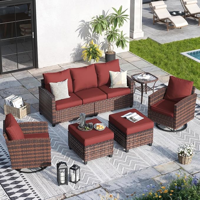 Patio Furniture Set, 6 Pcs Patio Outdoor Sectional, Wicker Outdoor Couch with Swivel Chair, Ottomans, Side Table, 4" Thick Cushion, for Garden Backyard Deck,Wine Red