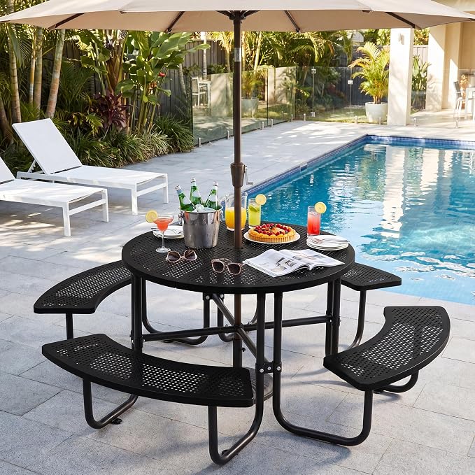 46" Outdoor Round Perforated Picnic Table Metal Camping Table with Umbrella Hole - Heavy Duty Steel Mesh Picnic Bench Set for Backyard Garden Deck, Black