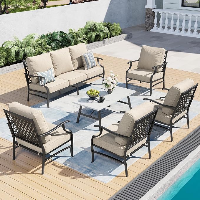 SUNSHINE VALLEY 6 Piece Metal Outdoor Patio Furniture Set, Patio Conversation Sets 1 3-Seater Sofa, 4 Fixed Chairs with 5.75" Thick Cushion and Coffee Table, Backyard Furniture Set for Deck, Beige
