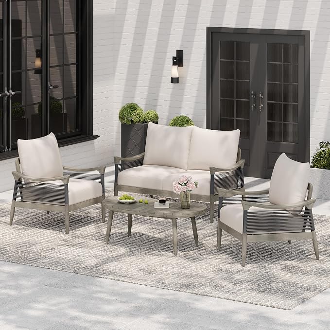 Merax 4-Piece Acacia Wood Patio Set with Loveseat, Chairs & Table | Grey Acacia Frame, Dark Grey Rope, Beige Cushions, Deep Seating And Coffee Table For Porch, Garden, Backyard Or Balcony