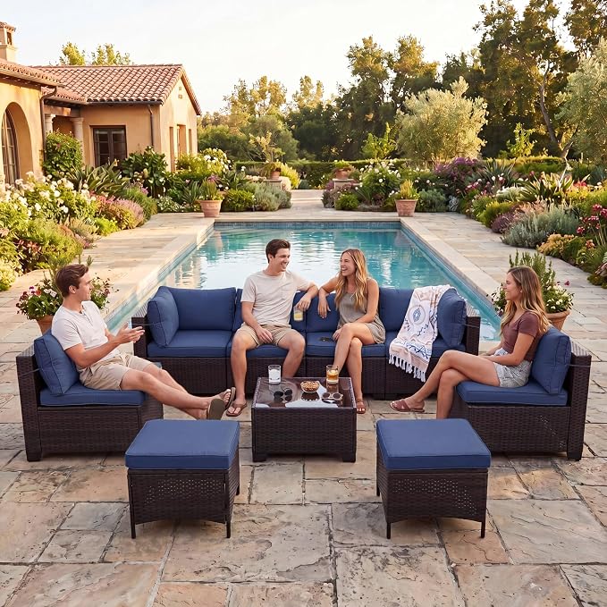 CHABATREE 7-Piece Outdoor Patio Furniture Sets, Manual Weaving Rattan Conversation Sectional Sofa with Tempered Glass Coffee Table, All-Weather PE Wicker & Thick Cushions for Garden, Backyard, Porch