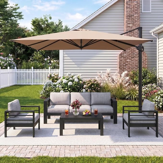 Wisteria Lane 5 Pieces Aluminum Patio Furniture Set with Umbrella, All Weather Oversized Outdoor Furniture Set with Deep Seat and Back Cushion, Patio Conversation Sets Wide armrest, Light Gray & Kahki
