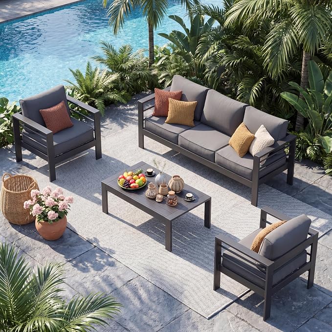 UDPATIO Aluminum Outdoor Furniture Set, 3.2'' Wide Armrest, 240g Premium Olefin Fabric All-Weather & UV-Resistant Patio Furniture Set for Deck, Backyard, Poolside, Dark Gray