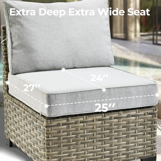 HOOOWOOO Sectional Patio Furniture Set with Solar Light Table,6 Pieces Wicker Outdoor Furniture L Shaped Couch,Outside Conversation Set with Extra Deep Seat Sofa Wide Arm,Light Gray