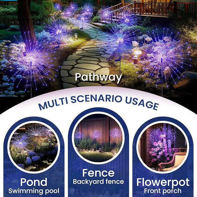 GIGALUMI 4 Pack Solar Firework Lights Outdoor, Halloween Decor, Purple | 120 LEDs, Fairy Design, Waterproof, Garden Decor, Solar Powered for Yard, Pathway, Flowerbed, Planter, Balcony, Gifts for Mom