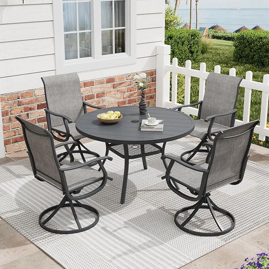 5 Pieces Patio Furniture Dining Set, 4 Textilene Swivel Dining Chairs, 41" Outdoor Round Metal Table with 1.57" Umbrella Hole, Outdoor Dining Set for Porch, Lawn, Dark Grey/Grey