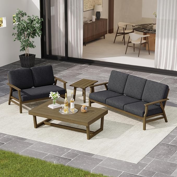 3 Pieces Patio Furniture Sets, Teak Wood Outdoor Sectional Furniture with Coffee Table, 5 Seats Patio Sofa Couch Conversation Set for Backyard Deck - Dark Gray