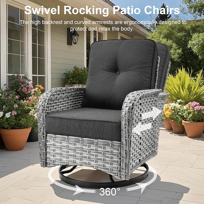 Outdoor Patio Furniture Sets,11 PCS Patio Conversation Set Outside Rattan Sectional Sofa with 54 in Fire Pit Table Wicker Rocking Chair Coffee Table Fit Backyard Porch Garden Poolside Balcony
