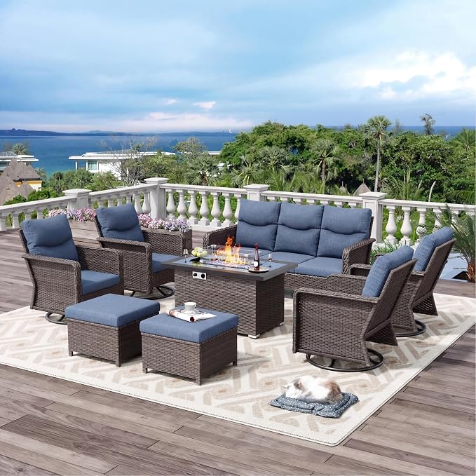 Brafab 9 Seats Outdoor Patio Furniture Set with Fire Pit Table, High Back Swivel Chairs Conversation Sets with Ergonomic Backrest, Wicker Sectional Sofa with Gilder Chair for Yard Garden Porch, Blue
