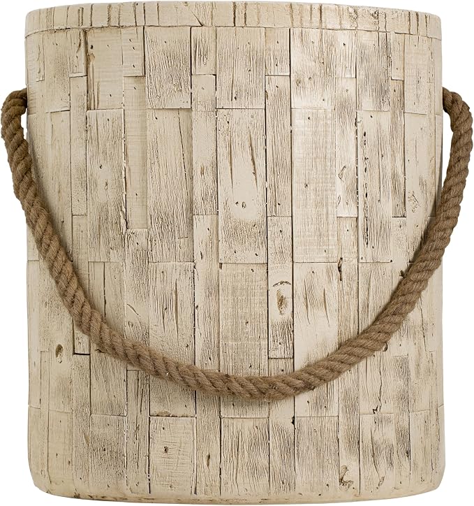 IRONORA Whitewashed Wooden Cylindrical Outdoor Side Table with Rope Handle, Rustic Round Accent Table, Weathered End Table for Patio Backyard Garden