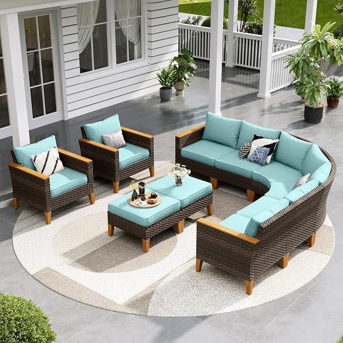 Sophia & William Outdoor Wicker Sectional Sofa Set, 10 Piece Half Moon Curved Patio Furniture Modern Round Outdoor Couch Conversation Set with Ottoman for Backyard, Deck, Garden(Aqua Blue)