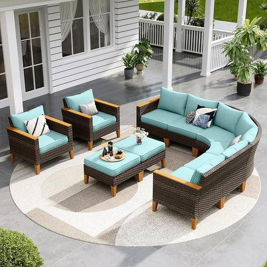 Sophia & William Outdoor Wicker Sectional Sofa Set, 10 Piece Half Moon Curved Patio Furniture Modern Round Outdoor Couch Conversation Set with Ottoman for Backyard, Deck, Garden(Aqua Blue)