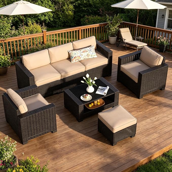 SHGJ&SOFT 7 Piece Outdoor Patio Furniture Set, Wicker Outdoor Sectional Sofa with Washable Cushion Covers and Tempered Glass Table, Rattan Conversation Set for Poolside,Balcony, Porch,Garden
