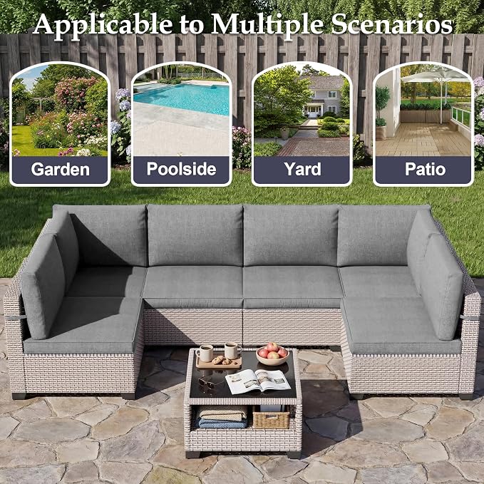 Patio Furniture Set, 14-Piece Outdoor Sectional Sofa with 2-Layer Glass Coffee Table, Wicker Patio Conversation Set with Gray Cushions for Backyard, Poolside, Porch