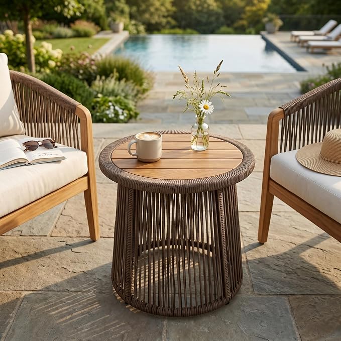 Conical Dark Beige Rope Side Table, Teak Finish Acacia Wood Top, 150 lbs Capacity, No Assembly Required, Modern Open-Weave Round Accent Table for Patio Backyard Living Room