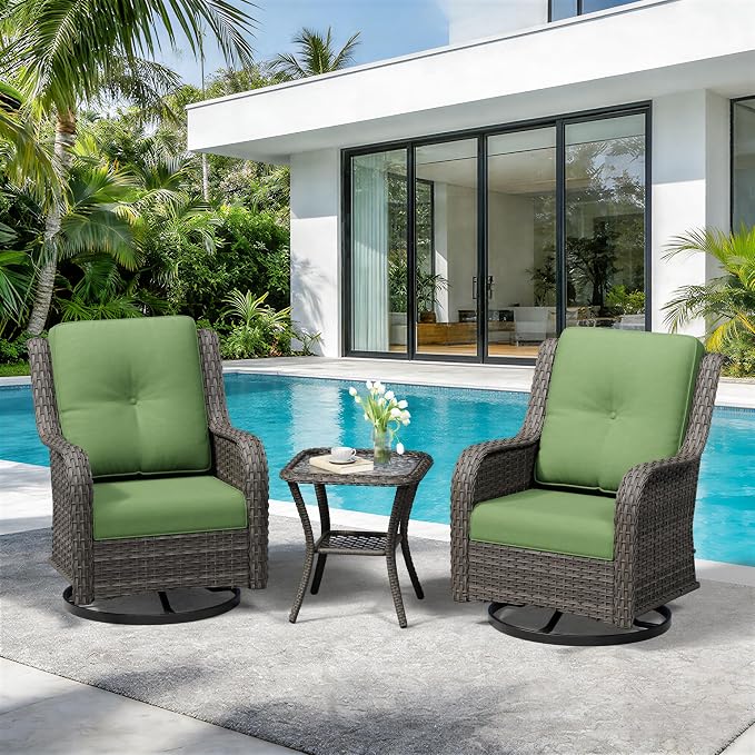 3 Piece Outdoor Wicker Patio Furniture Set, Swivel Rocker Patio Chairs Set with Thickened Olefin Cushions, High Back and Deep Seating, Hand-Woven PE Rattan for Porch, Deck