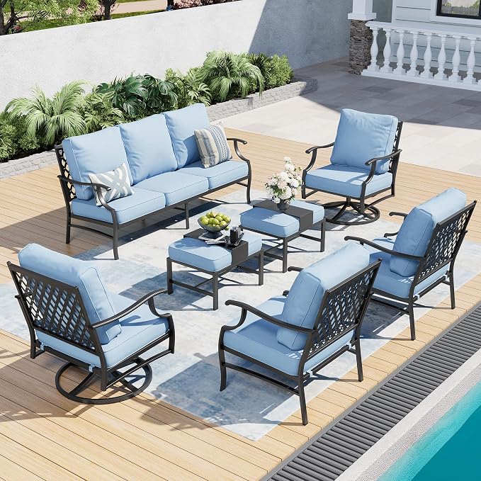 SUNSHINE VALLEY 7 Piece Metal Outdoor Patio Furniture Set, Patio Conversation Sets 1 3-seater Sofa, 2 Fixed Chairs, 2 Swivel Chairs, 2 Ottomans with 5.75" Thick Cushion, Black Backyard Furniture, Blue