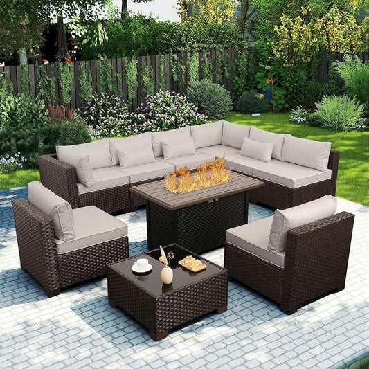 Rattaner 10 Pieces Outdoor Sectional All-Weather Wicker Patio Furniture Set Patio Sectional and Steel Fire Table and Glass Patio Table Non-Slip Cushions and Waterproof Covers, Beige