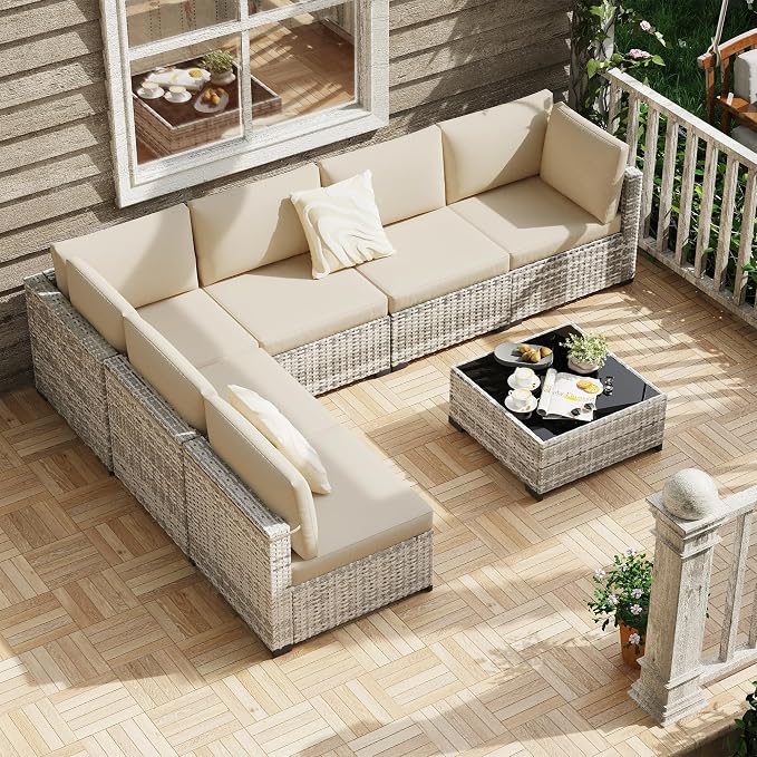 KIGOTY 7-Piece Patio Furniture Set, All-Weather PE Rattan Outdoor Sectional Sofa, Modular Wicker Conversation Set with Thick Cushions & Easy-Clean Coffee Table（Grey White/Grey）