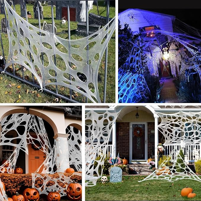 2000 Sqft （After Streched with Holes） Uncut Giant Spider Web Halloween Decorations Outdoor with 10 Ground Nails Stretchy Beef Cloth Netting Cut-Your-Own Flexible Elastic for Yard Party Decor