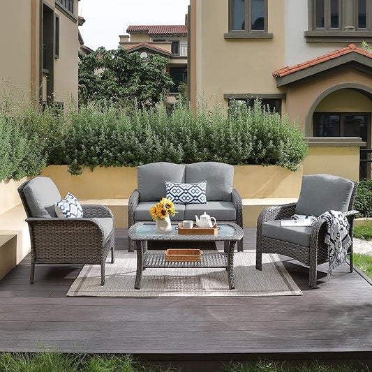 CAODOC 4-Piece Wicker Patio Furniture Set, All-Weather Rattan Conversation Bistro Loveseat Chair and Table Set for Backyard, Balcony and Deck with Soft Cushions and Metal Table(Dark Gray)