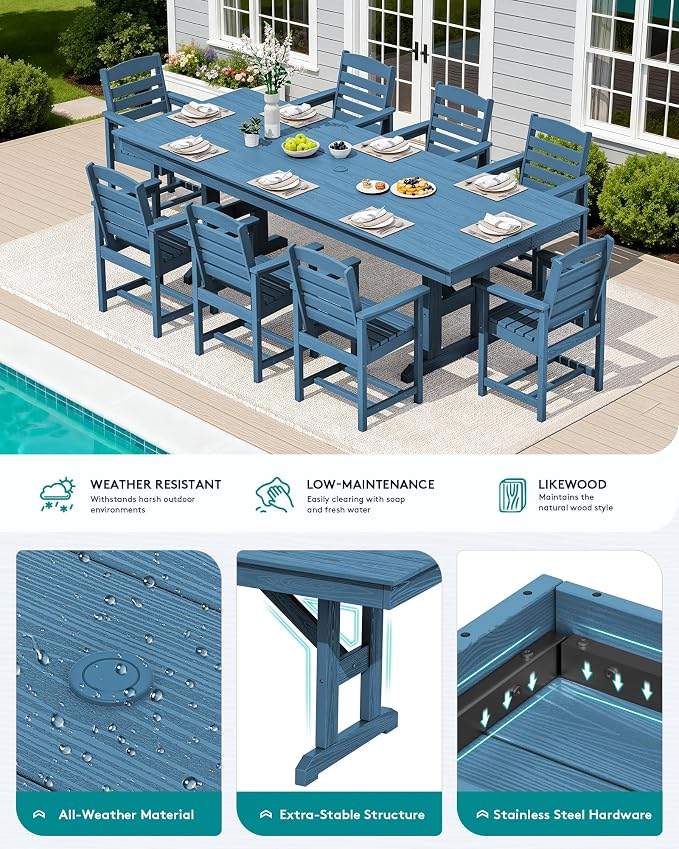 SERWALL Outdoor Dining Table, 84" Rectangular Dining Table for 6-8 Person, All Weather HDPE Outdoor Furniture for Backyard, Garden, Blue