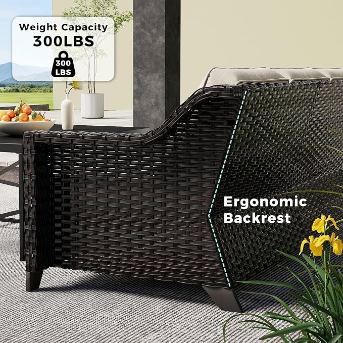 5 Pieces Patio Conversation Furniture Set - 1 Sofa, 2 Armchairs, 2 Ottomans, Outdoor Wicker Furniture with Removable Cushions for Porch, Balcony, Sunroom (Beige)