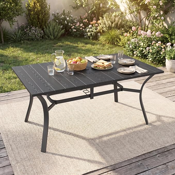 Outdoor Dining Table for 6-63" x 38" Matel Patio Table with E-Coated Finish, 1.6" Umbrella Hole for Garden, Backyard