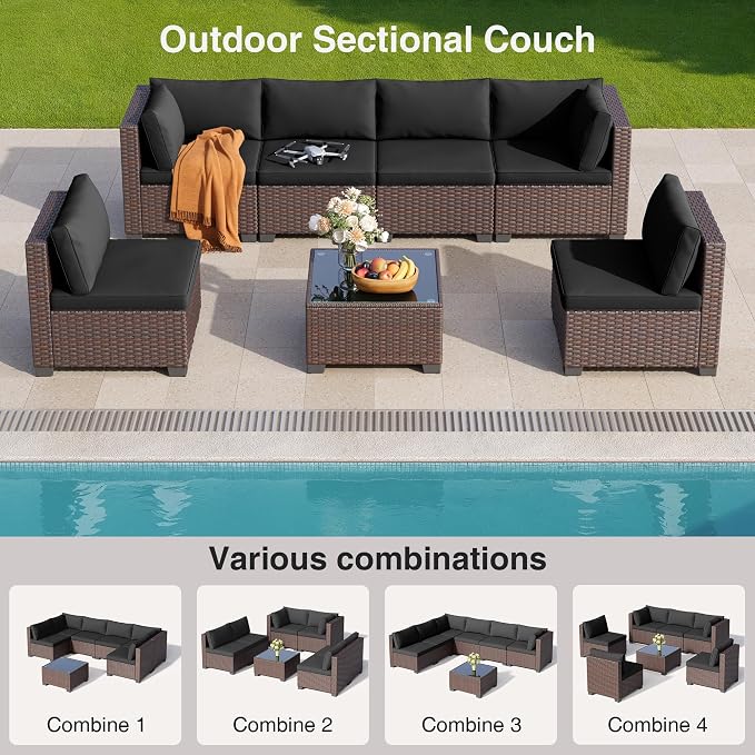Qsun 7 Pieces Outdoor Patio Furniture Set, All-Weather PE Rattan Outdoor Patio sectional Furniture with Cushions and Glass Table, for Garden, Backyard, Porch, Black