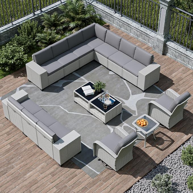 15-Piece Outdoor Patio Furniture Set, Modular Sectional Sofa Set with Swivel Rocker Chairs, Wicker Outdoor Couch Conversation Sets w/Coffee Table and Cushions, Gray