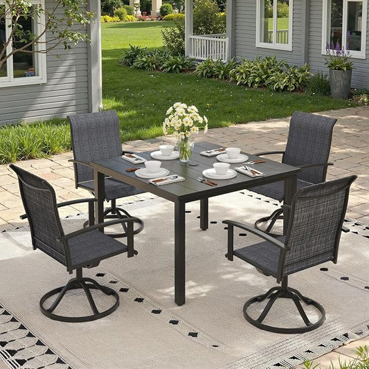 5 Pieces Patio Dining Set, Outdoor Furniture of 40.2" Square Patio Table and Patio Swivel Chairs for Backyard Lawn Garden, Black Table and Black Chairs
