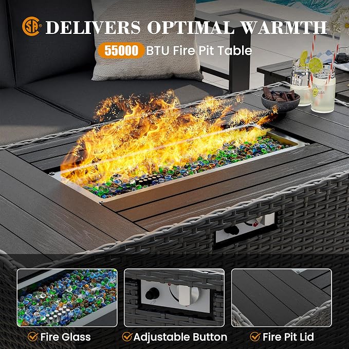 UDPATIO Aluminum Outdoor Furniture Set with Fire Pit Table, 6 Pieces All-Weather & UV-Resistant Patio Sectional Sofa Set for Deck, Backyard, Poolside, Dark Gray