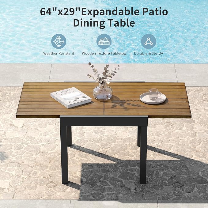 Expandable Patio Dining Table for 4-6 Person, Aluminum Extendable Outdoor Table, 32"-65" Adjustable Patio Table, Square/Rectangular Outdoor Accent Table for Garden, Backyard, Poolside, Teak